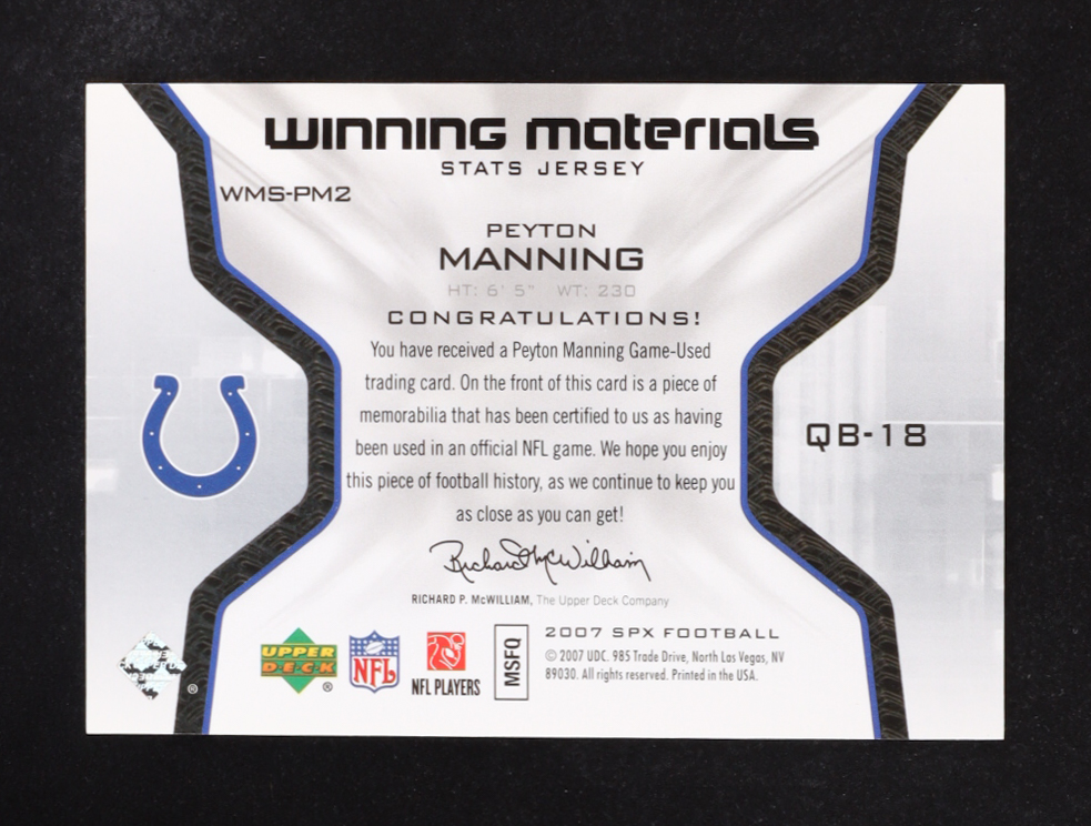 Peyton Manning 2007 SPx Winning Materials Stat #WMSPM2 at PristineAuction.com Peyton Manning 2007 SPx Winning Materials Stat #WMSPM2 at PristineAuction.com