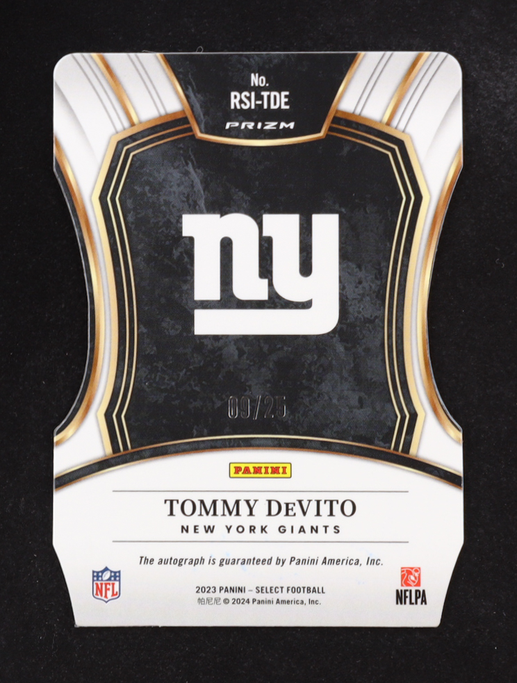 Tommy DeVito 2023 Select Rookie Signatures Prizm Tie Dye Die Cut #3 RC #09/25 at PristineAuction.com Tommy DeVito 2023 Select Rookie Signatures Prizm Tie Dye Die Cut #3 RC #09/25 at PristineAuction.com