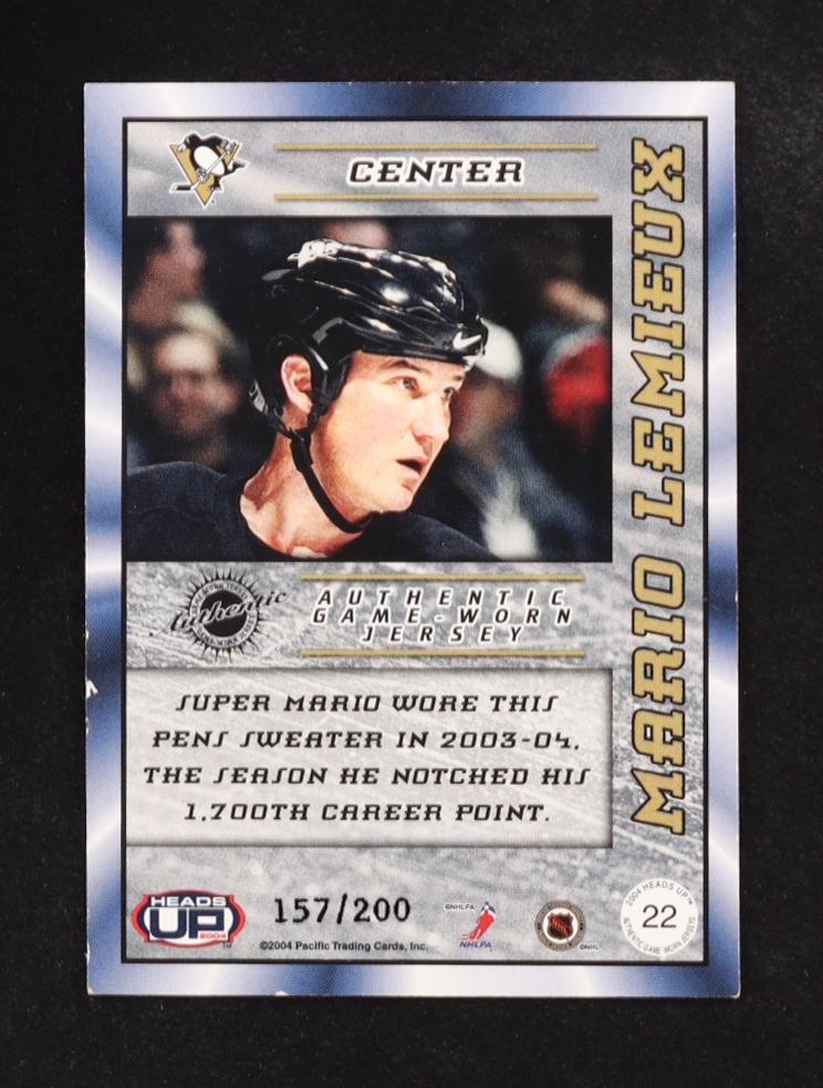Mario Lemieux 2003-04 Pacific Heads Up Jerseys #22 SP #157/200 at PristineAuction.com Mario Lemieux 2003-04 Pacific Heads Up Jerseys #22 SP #157/200 at PristineAuction.com