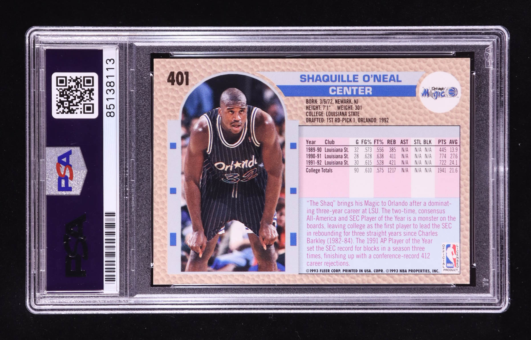 Shaquille O'Neal Signed 1992-93 Fleer #401 RC (PSA) at PristineAuction.com Shaquille O'Neal Signed 1992-93 Fleer #401 RC (PSA) at PristineAuction.com