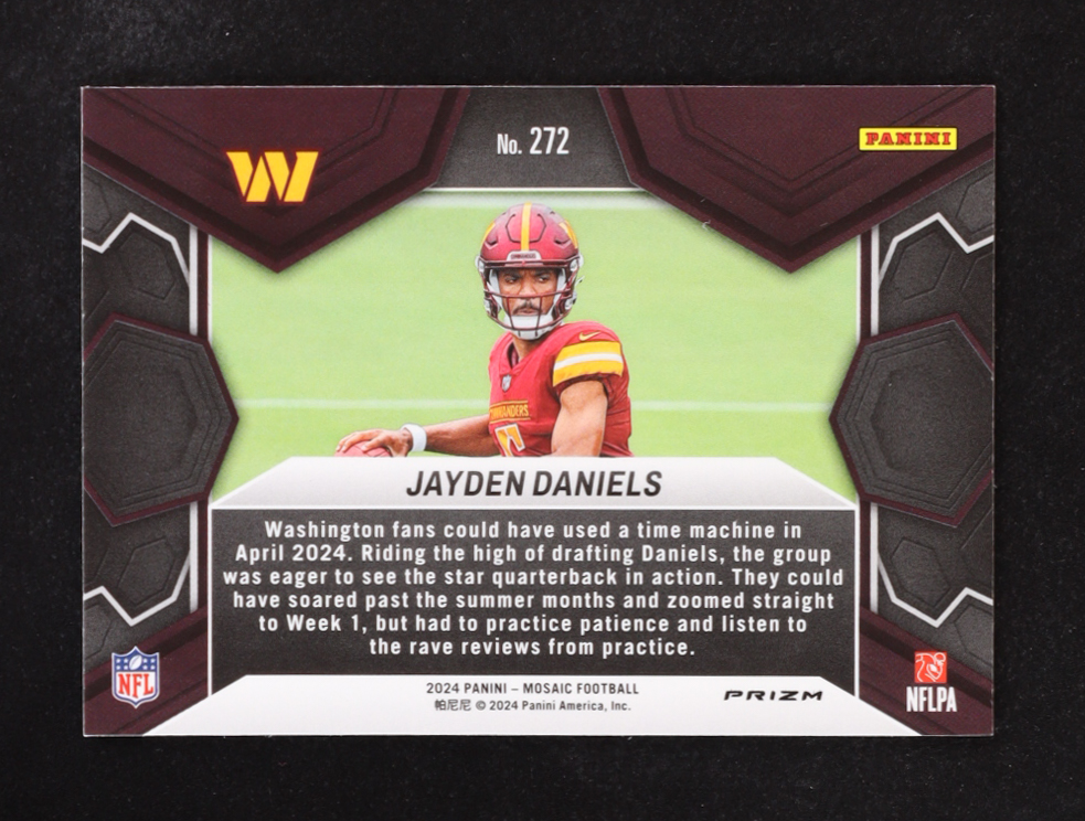 Jayden Daniels 2024 Panini Mosaic Mosaic Reactive Blue #272 DEB RC at PristineAuction.com Jayden Daniels 2024 Panini Mosaic Mosaic Reactive Blue #272 DEB RC at PristineAuction.com