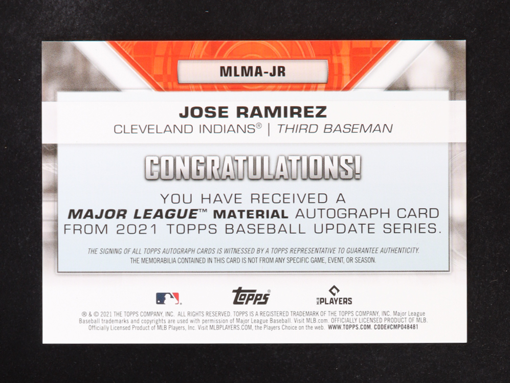 Jose Ramirez 2021 Topps Update Major League Material Autographs #MLMAJR #25/50 at PristineAuction.com Jose Ramirez 2021 Topps Update Major League Material Autographs #MLMAJR #25/50 at PristineAuction.com