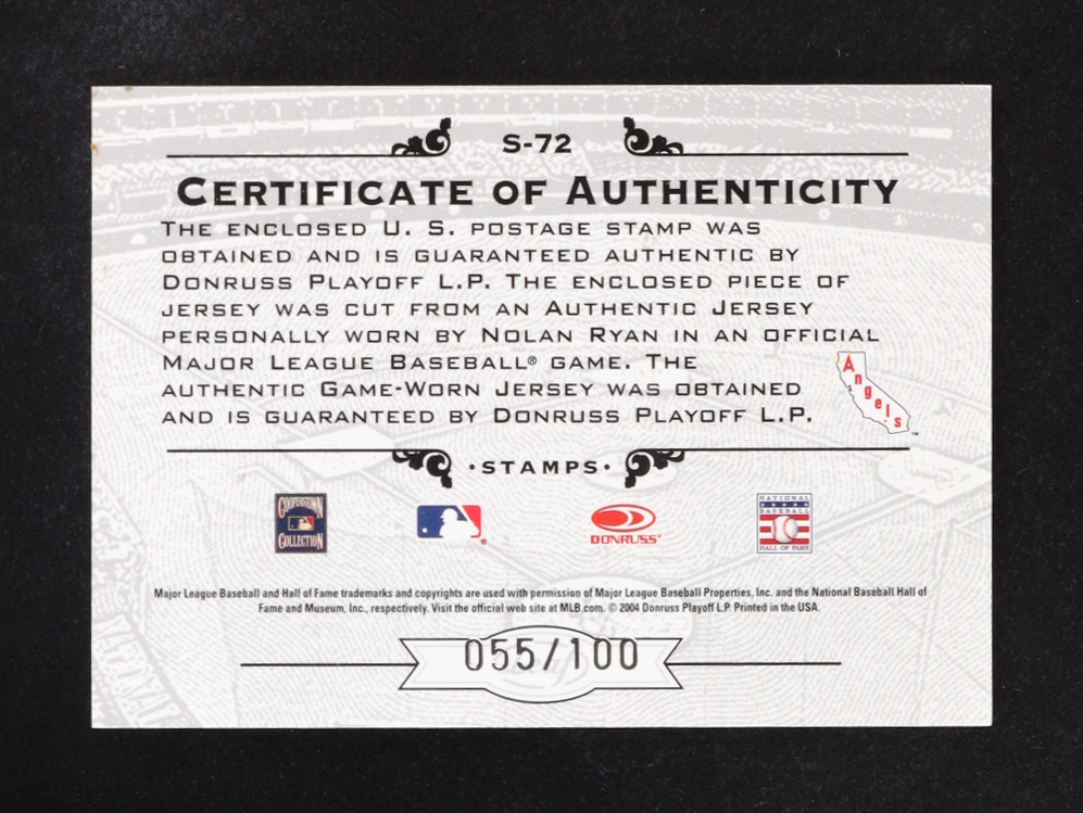 Nolan Ryan 2005 Leaf Century Stamps Material USA Flag Jersey #72 #55/100 at PristineAuction.com Nolan Ryan 2005 Leaf Century Stamps Material USA Flag Jersey #72 #55/100 at PristineAuction.com