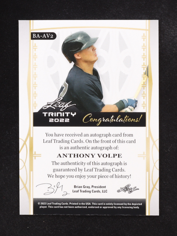 Anthony Volpe 2022 Leaf Trinity Autographs #BAAV2 #36/99 RC at PristineAuction.com Anthony Volpe 2022 Leaf Trinity Autographs #BAAV2 #36/99 RC at PristineAuction.com