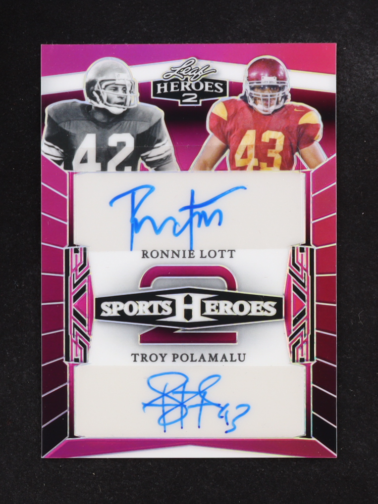 Troy Polamalu / Ronnie Lott 2024 Leaf Sports Heroes 2 Autographs Pink #H28 #2/6 at PristineAuction.com Troy Polamalu / Ronnie Lott 2024 Leaf Sports Heroes 2 Autographs Pink #H28 #2/6 at PristineAuction.com