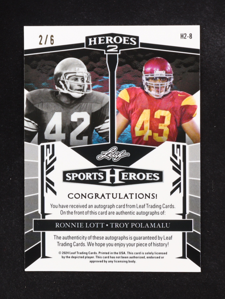 Troy Polamalu / Ronnie Lott 2024 Leaf Sports Heroes 2 Autographs Pink #H28 #2/6 at PristineAuction.com Troy Polamalu / Ronnie Lott 2024 Leaf Sports Heroes 2 Autographs Pink #H28 #2/6 at PristineAuction.com