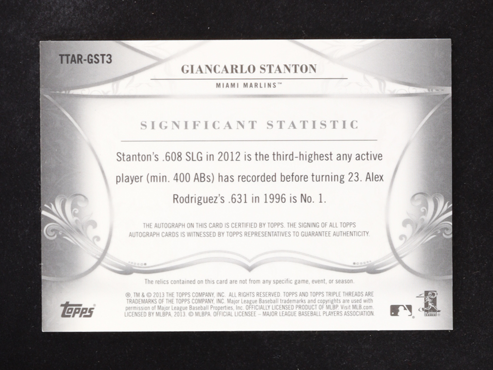 Giancarlo Stanton 2013 Topps Triple Threads Relic Autographs #GST3 #6/18 at PristineAuction.com Giancarlo Stanton 2013 Topps Triple Threads Relic Autographs #GST3 #6/18 at PristineAuction.com