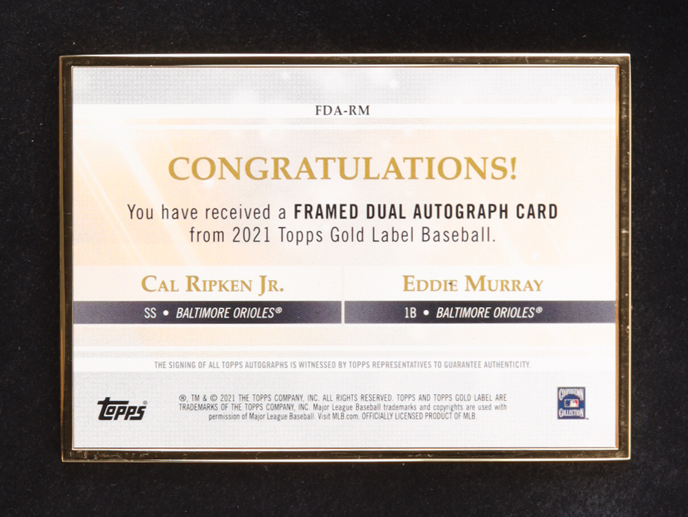 Cal Ripken Jr. / Eddie Murray 2021 Topps Gold Label Dual Framed Autographs #FDARM #5/10 at PristineAuction.com Cal Ripken Jr. / Eddie Murray 2021 Topps Gold Label Dual Framed Autographs #FDARM #5/10 at PristineAuction.com