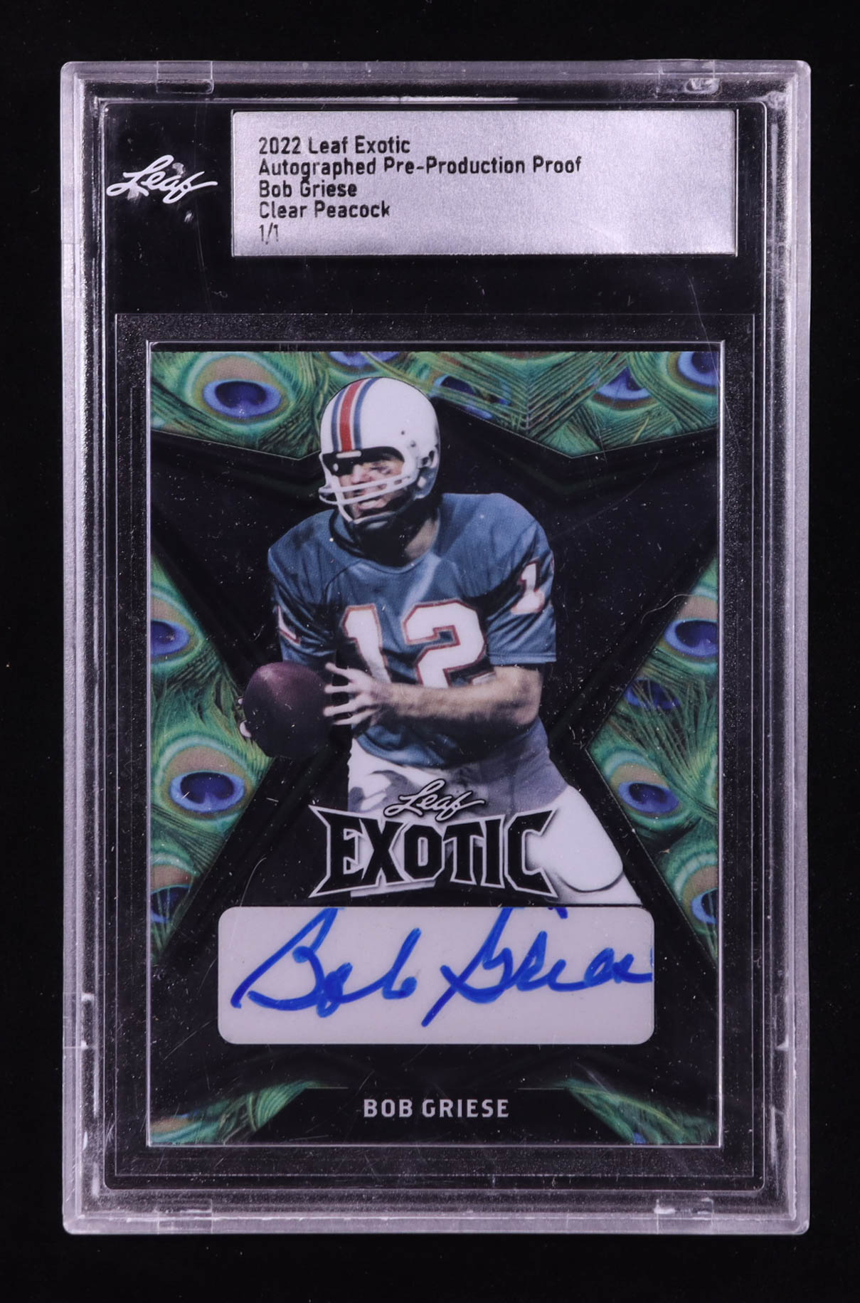 Bob Griese 2022 Leaf Exotic Autographed Pre-Production Proof Clear Peacock #NN #1/1 (Leaf) at PristineAuction.com Bob Griese 2022 Leaf Exotic Autographed Pre-Production Proof Clear Peacock #NN #1/1 (Leaf) at PristineAuction.com