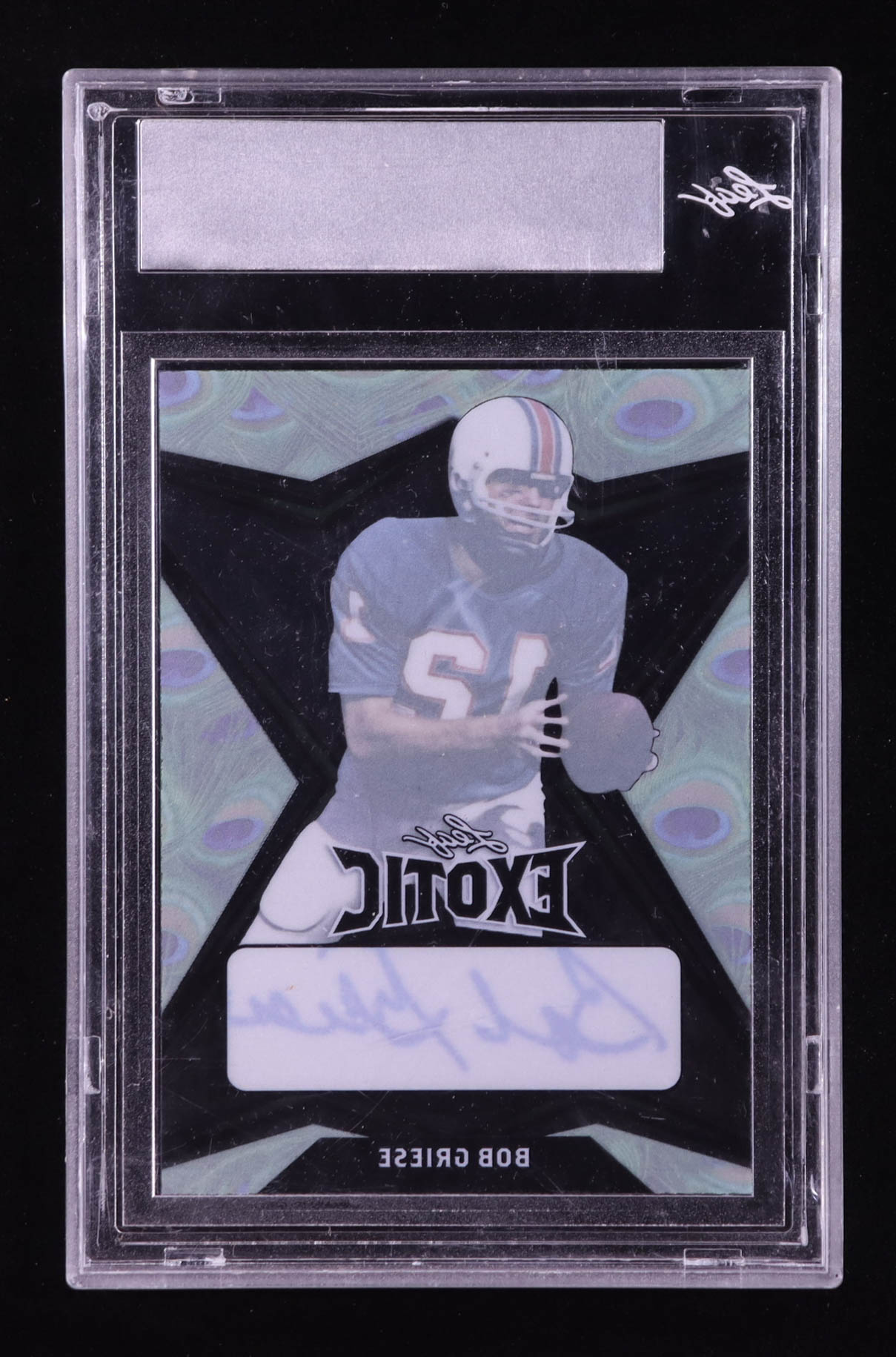 Bob Griese 2022 Leaf Exotic Autographed Pre-Production Proof Clear Peacock #NN #1/1 (Leaf) at PristineAuction.com Bob Griese 2022 Leaf Exotic Autographed Pre-Production Proof Clear Peacock #NN #1/1 (Leaf) at PristineAuction.com