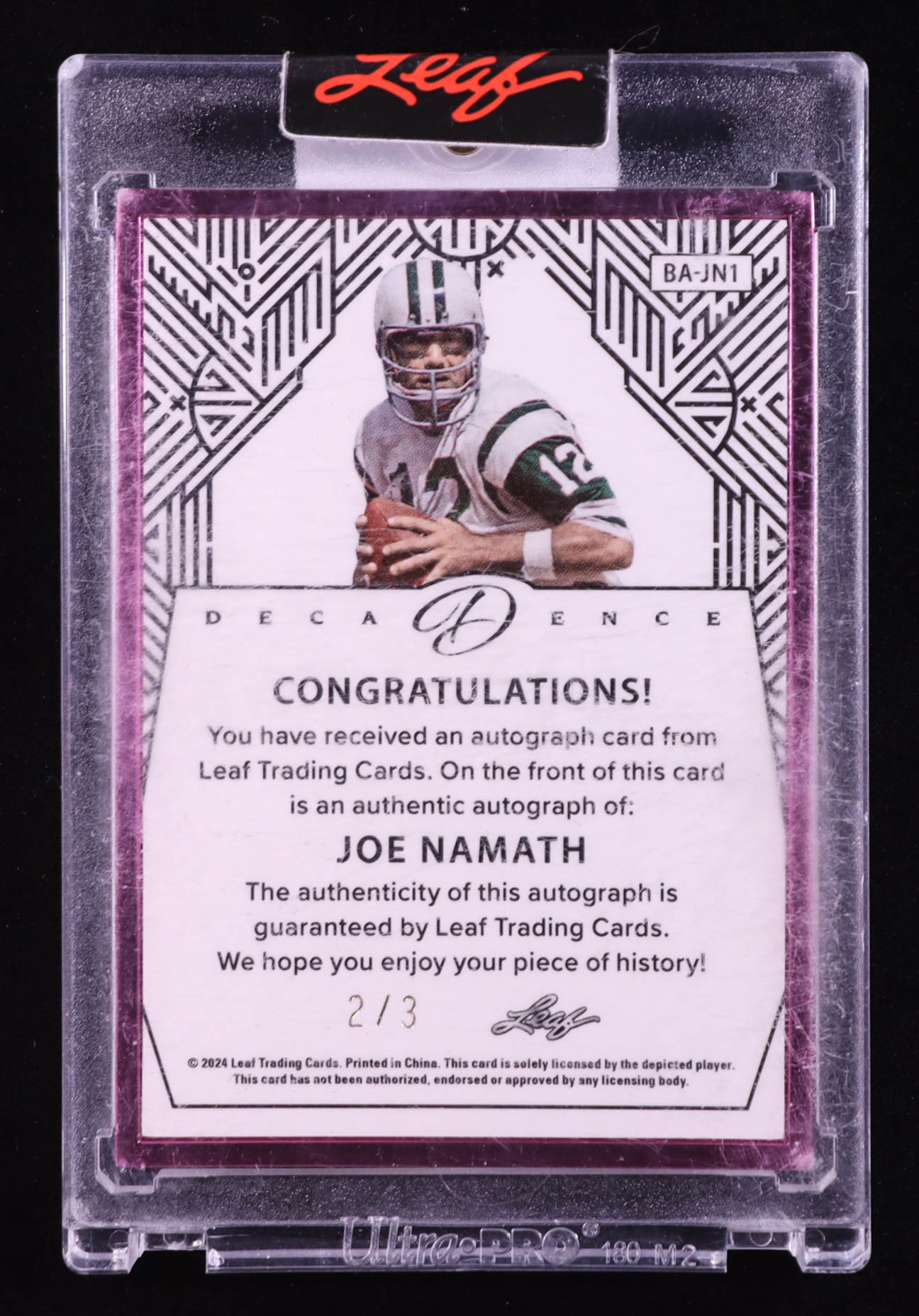 Joe Namath 2024 Leaf Decadence Autographs Pink #BAJN1 #2/3 at PristineAuction.com Joe Namath 2024 Leaf Decadence Autographs Pink #BAJN1 #2/3 at PristineAuction.com