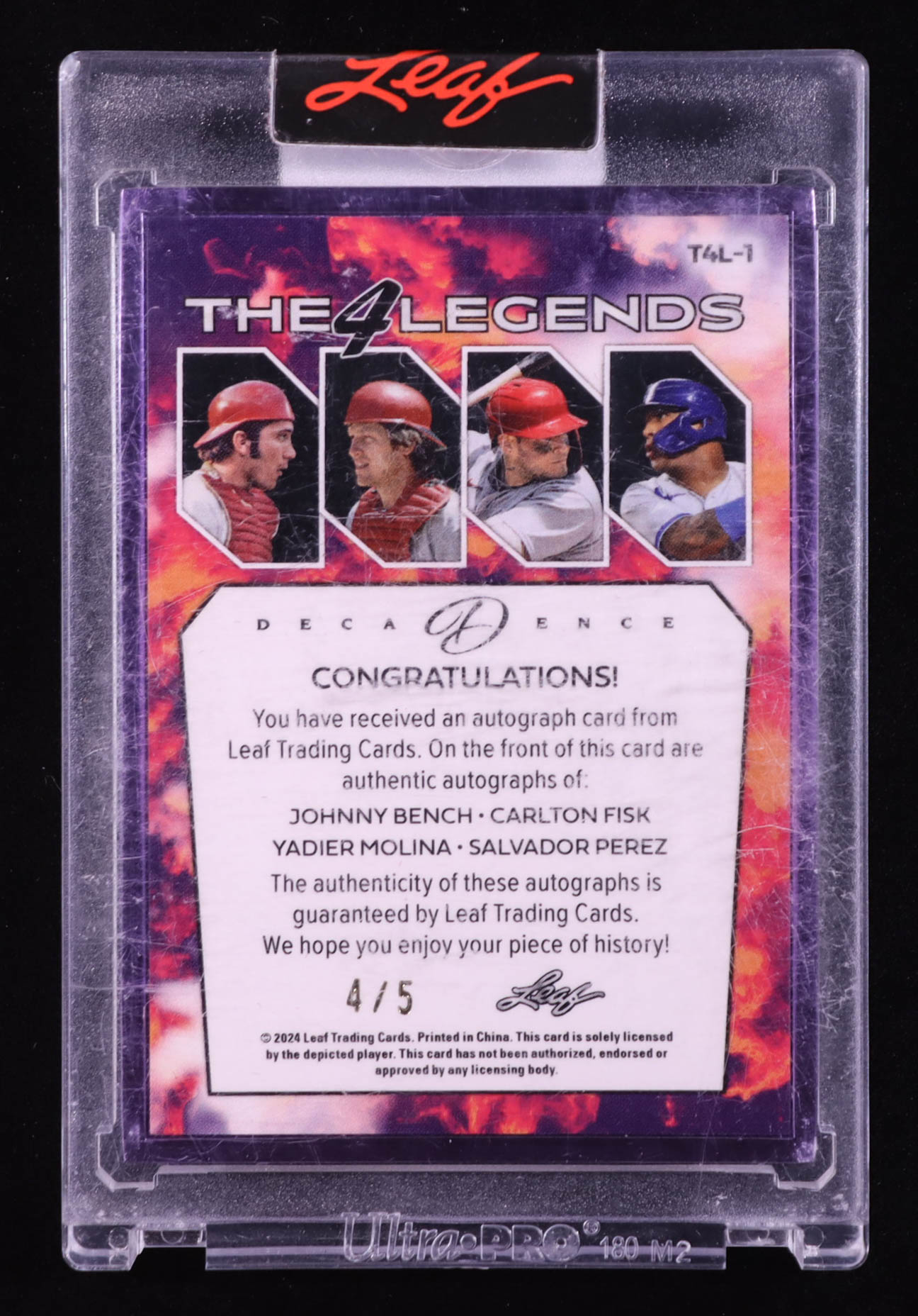 Johnny Bench / Carlton Fisk / Yadier Molina / Salvador Perez 2024 Leaf The 4 Legends Signatures Purple #T4L1 #4/5 at PristineAuction.com Johnny Bench / Carlton Fisk / Yadier Molina / Salvador Perez 2024 Leaf The 4 Legends Signatures Purple #T4L1 #4/5 at PristineAuction.com