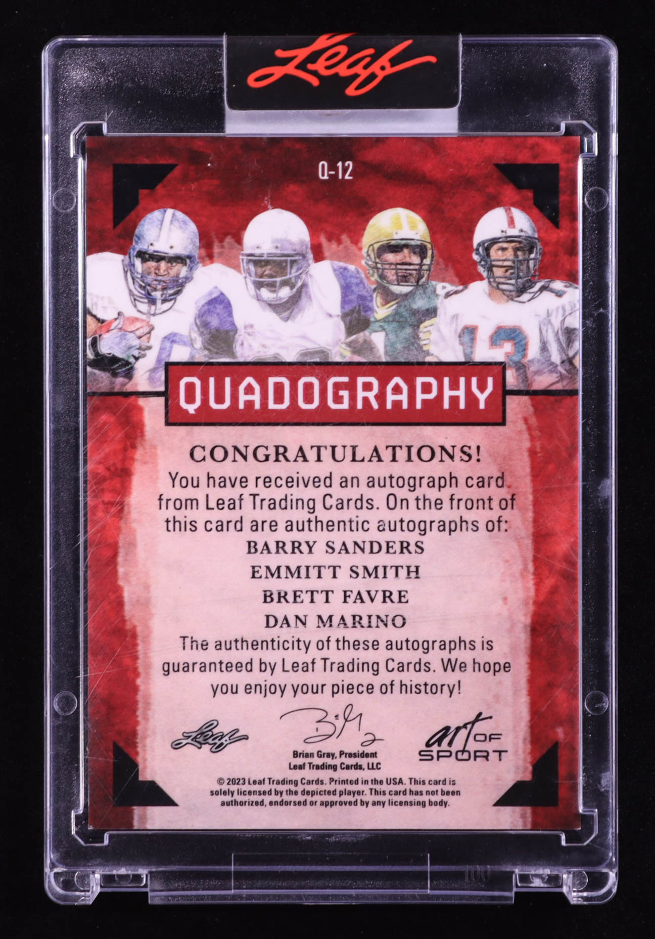 Barry Sanders / Emmitt Smith / Brett Favre / Dan Marino 2023 Leaf Quadography Signatures Purple #Q12 #1/5 at PristineAuction.com Barry Sanders / Emmitt Smith / Brett Favre / Dan Marino 2023 Leaf Quadography Signatures Purple #Q12 #1/5 at PristineAuction.com