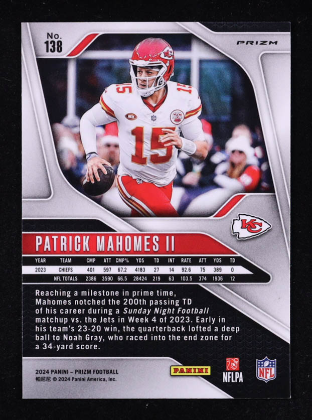 Patrick Mahomes II 2024 Panini Prizm Prizms Black and White Checker #138 at PristineAuction.com Patrick Mahomes II 2024 Panini Prizm Prizms Black and White Checker #138 at PristineAuction.com