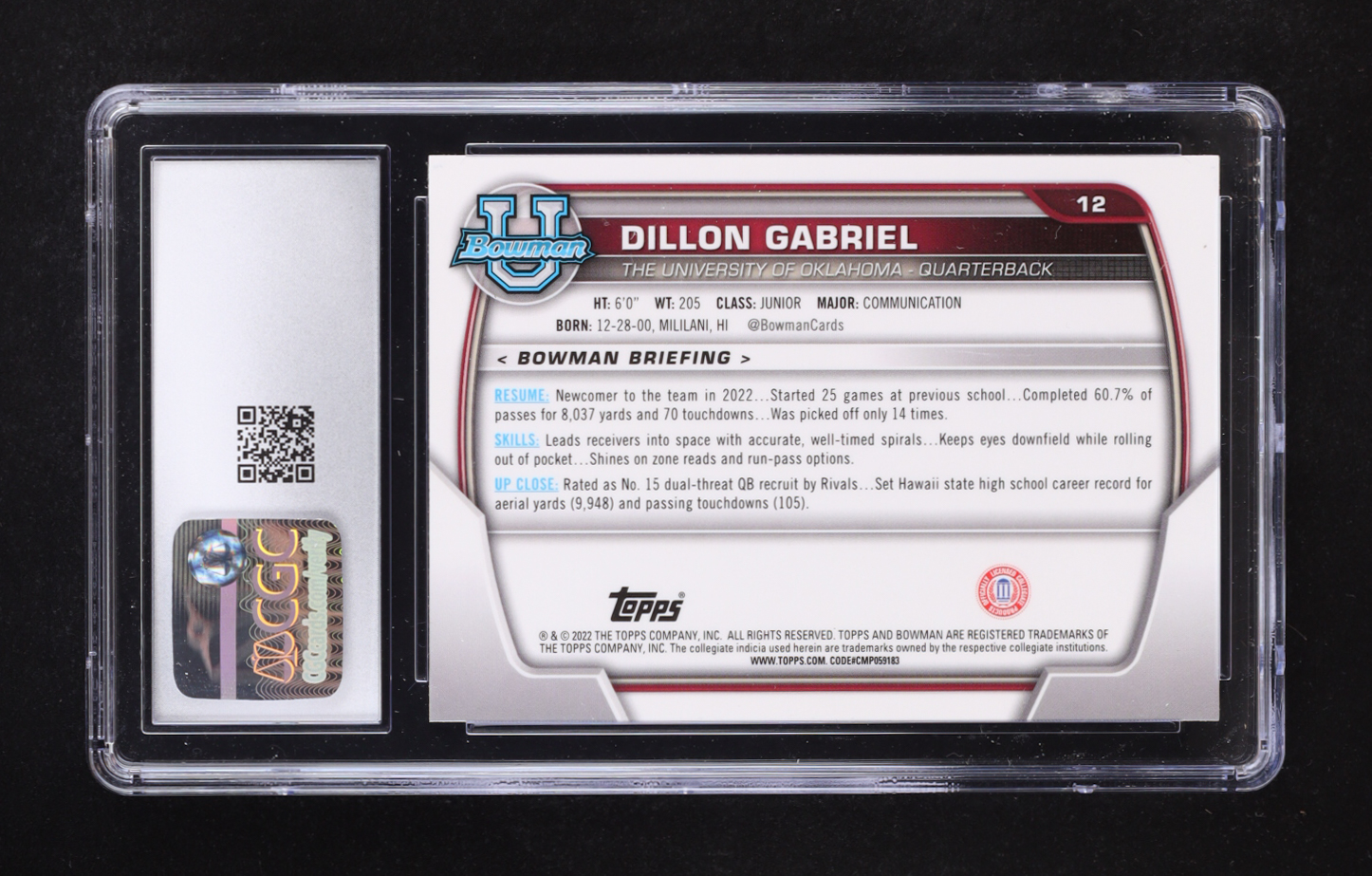 Dillon Gabriel 2022 Bowman University Chrome Pink Refractor #12 (CGC 10) at PristineAuction.com Dillon Gabriel 2022 Bowman University Chrome Pink Refractor #12 (CGC 10) at PristineAuction.com