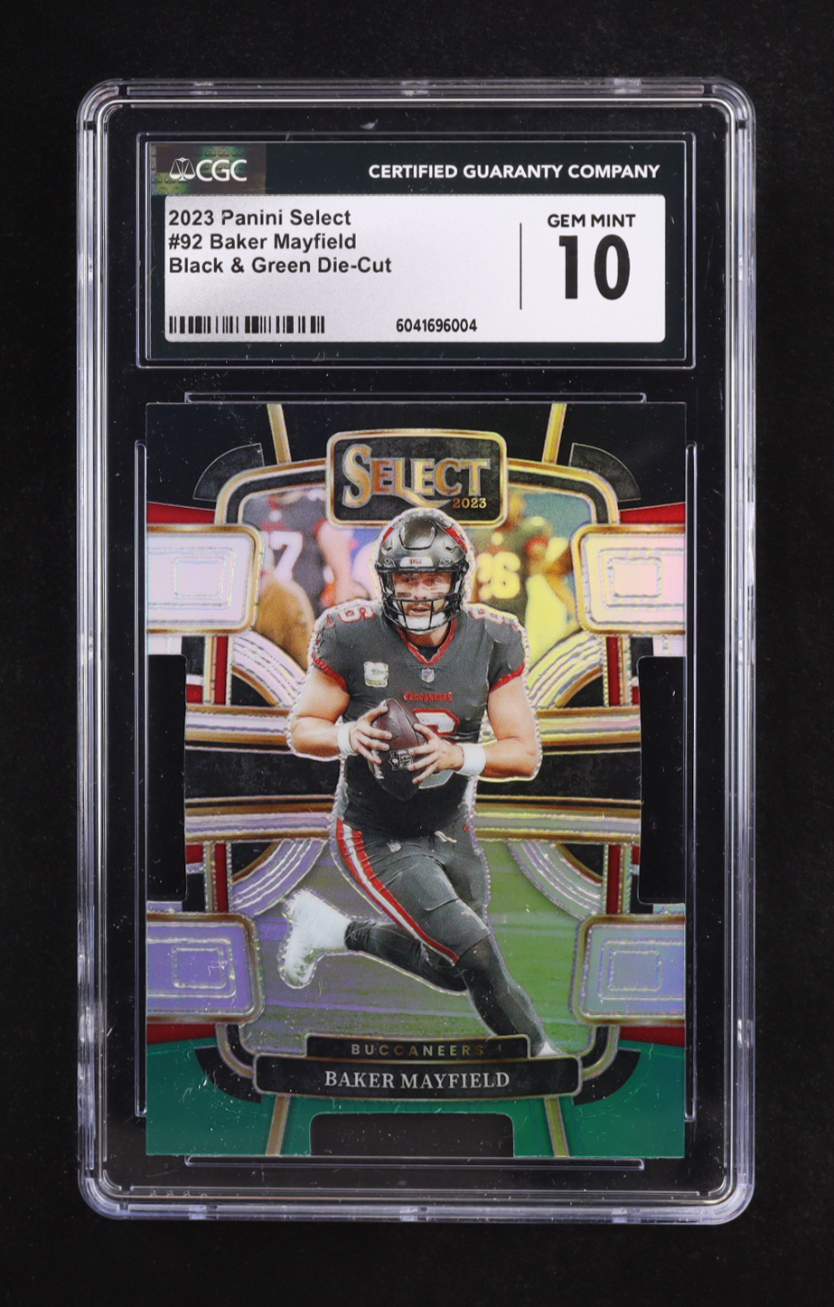 Baker Mayfield 2023 Select Black & Green Die-Cut #92 (CGC 10) at PristineAuction.com Baker Mayfield 2023 Select Black & Green Die-Cut #92 (CGC 10) at PristineAuction.com
