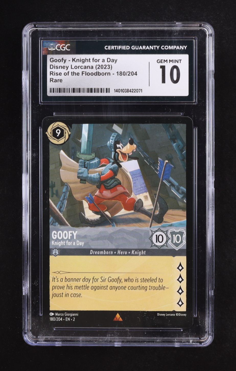 Goofy 2023 Disney Lorcana Knight for a Day / Rise of the Floodborn #180 (CGC 10) at PristineAuction.com Goofy 2023 Disney Lorcana Knight for a Day / Rise of the Floodborn #180 (CGC 10) at PristineAuction.com