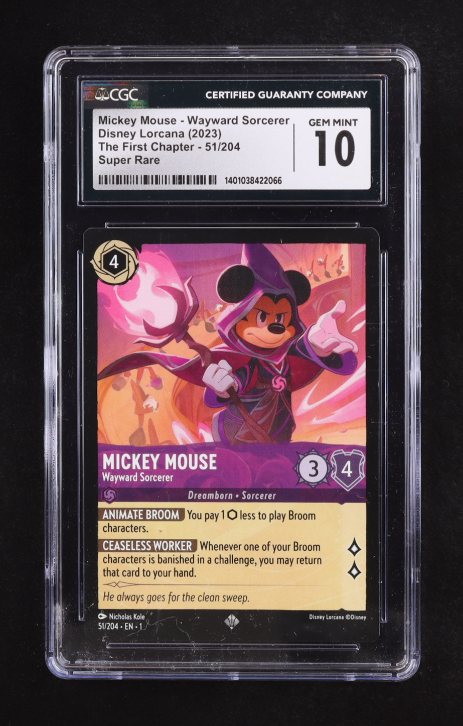 Mickey Mouse 2023 Disney Lorcana Wayward Sorcerer / The First Chapter #51 (CGC 10) at PristineAuction.com Mickey Mouse 2023 Disney Lorcana Wayward Sorcerer / The First Chapter #51 (CGC 10) at PristineAuction.com