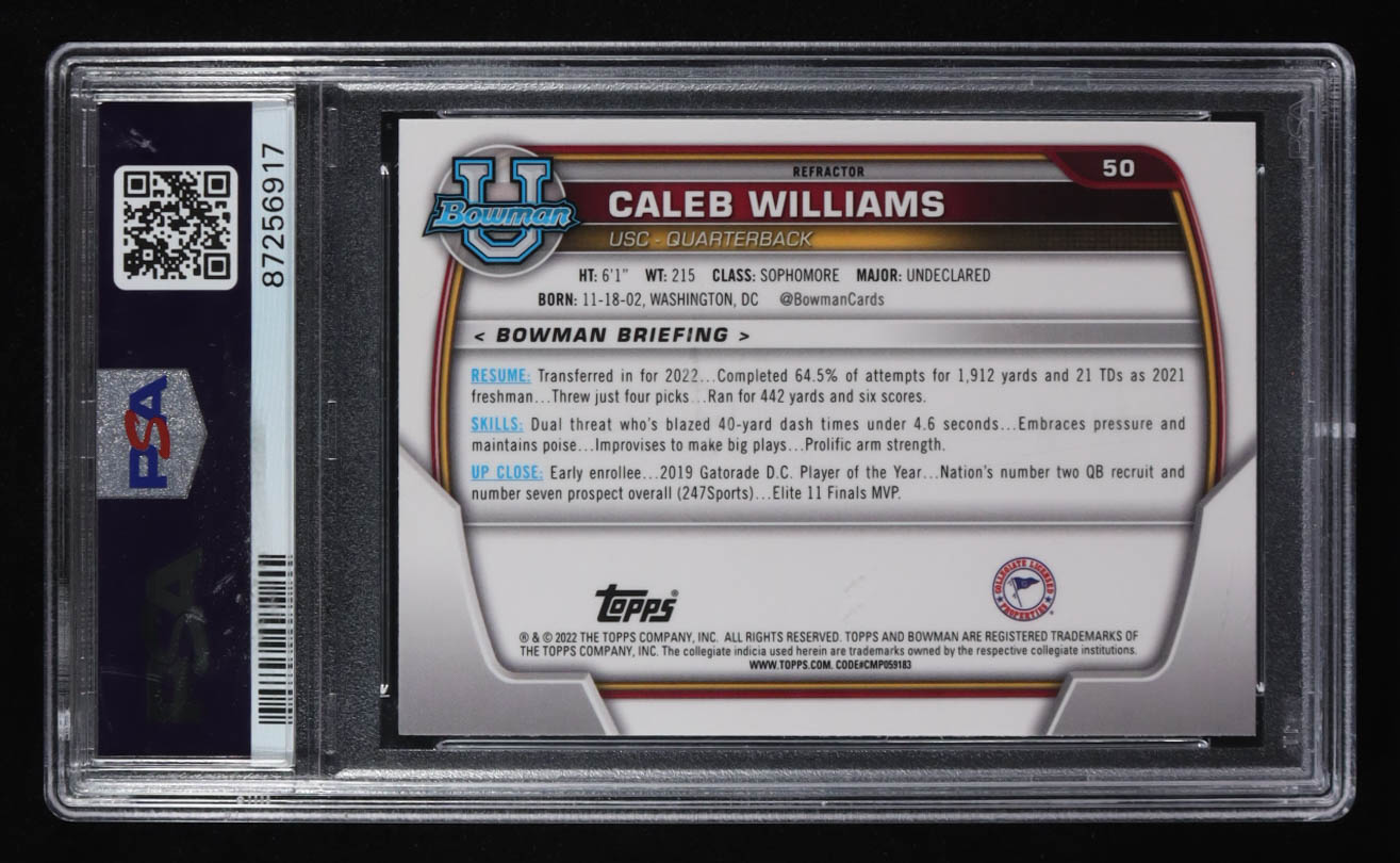 Caleb Williams 2022 Bowman Chrome Prospect University Refractor #50 RC (PSA 9) at PristineAuction.com Caleb Williams 2022 Bowman Chrome Prospect University Refractor #50 RC (PSA 9) at PristineAuction.com