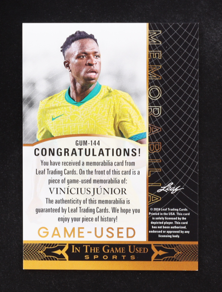 Vinicius Jr. 2024 Leaf ITG Used Sports Game Used Memorabilia #GUM144 at PristineAuction.com Vinicius Jr. 2024 Leaf ITG Used Sports Game Used Memorabilia #GUM144 at PristineAuction.com