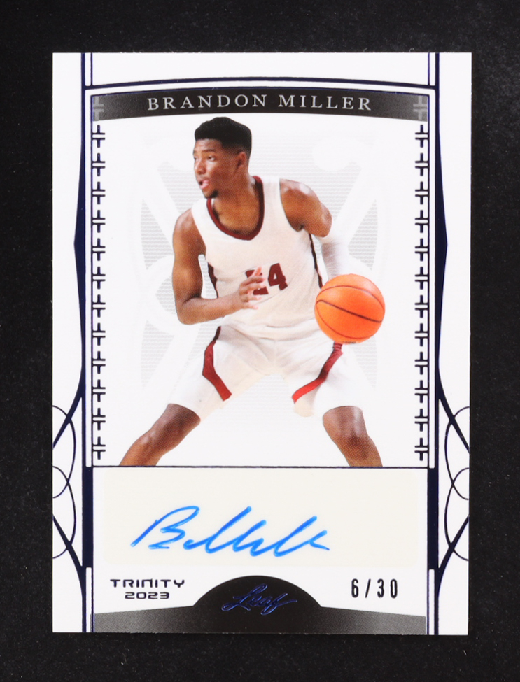 Brandon Miller 2023 Leaf Trinity Autographs Blue #BABM2 #6/30 RC at PristineAuction.com Brandon Miller 2023 Leaf Trinity Autographs Blue #BABM2 #6/30 RC at PristineAuction.com