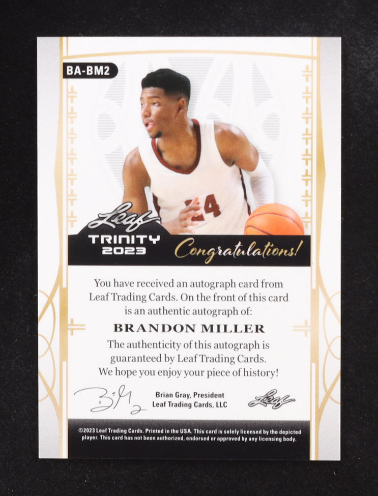 Brandon Miller 2023 Leaf Trinity Autographs Blue #BABM2 #6/30 RC at PristineAuction.com Brandon Miller 2023 Leaf Trinity Autographs Blue #BABM2 #6/30 RC at PristineAuction.com
