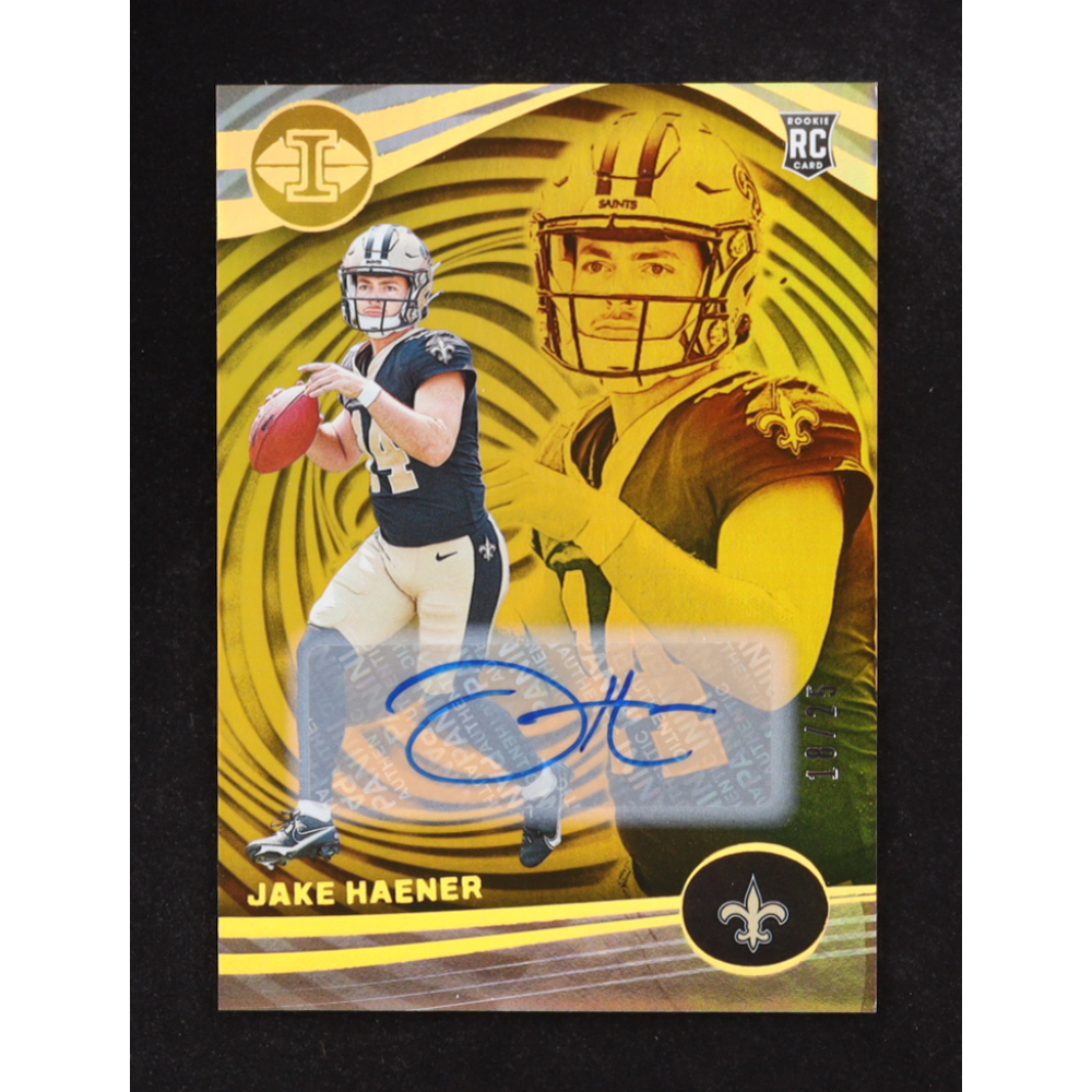 Jake Haener 2023 Panini Illusions Trophy Collection Signatures Goldpro #80 RC #18/25 at PristineAuction.com Jake Haener 2023 Panini Illusions Trophy Collection Signatures Goldpro #80 RC #18/25 at PristineAuction.com