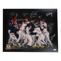 Braves 16x20 Photo Signed by (7) with David Justice, Rafael Belliard, Ryan Klesko, Javier Lopez with Multiple Career Stat Inscriptions (JSA) at PristineAuction.com