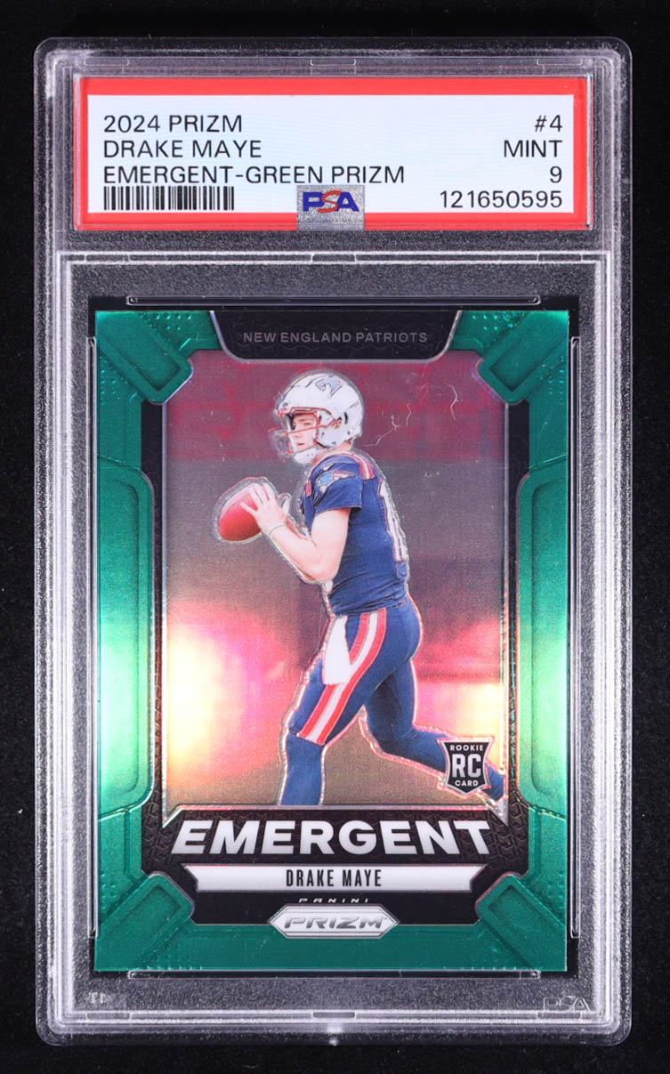 Drake Maye 2024 Panini Emergent Green Prizm #4 RC (PSA 9) at PristineAuction.com Drake Maye 2024 Panini Emergent Green Prizm #4 RC (PSA 9) at PristineAuction.com