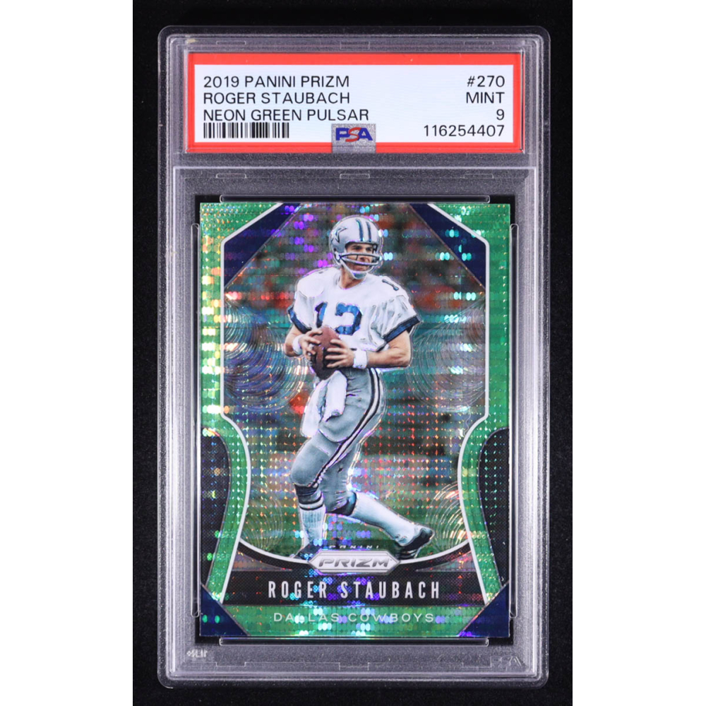 Roger Staubach 2019 Panini Prizm Neon Green Pulsar #270 (PSA 9) at PristineAuction.com