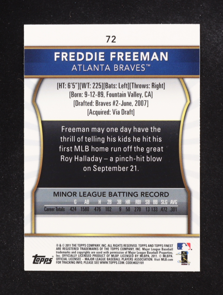 Freddie Freeman 2011 Finest #72 RC at PristineAuction.com Freddie Freeman 2011 Finest #72 RC at PristineAuction.com