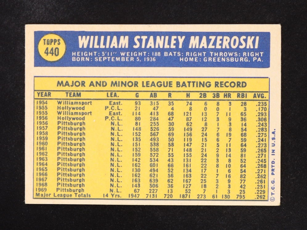William Mazeroski 1970 Topps #440 at PristineAuction.com William Mazeroski 1970 Topps #440 at PristineAuction.com