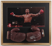 Mike Tyson Signed "Outstretched Arms" Custom Framed Print Display with Set of (2) 1960 Spalding Boxing Gloves (Tyson & PSA) at PristineAuction.com