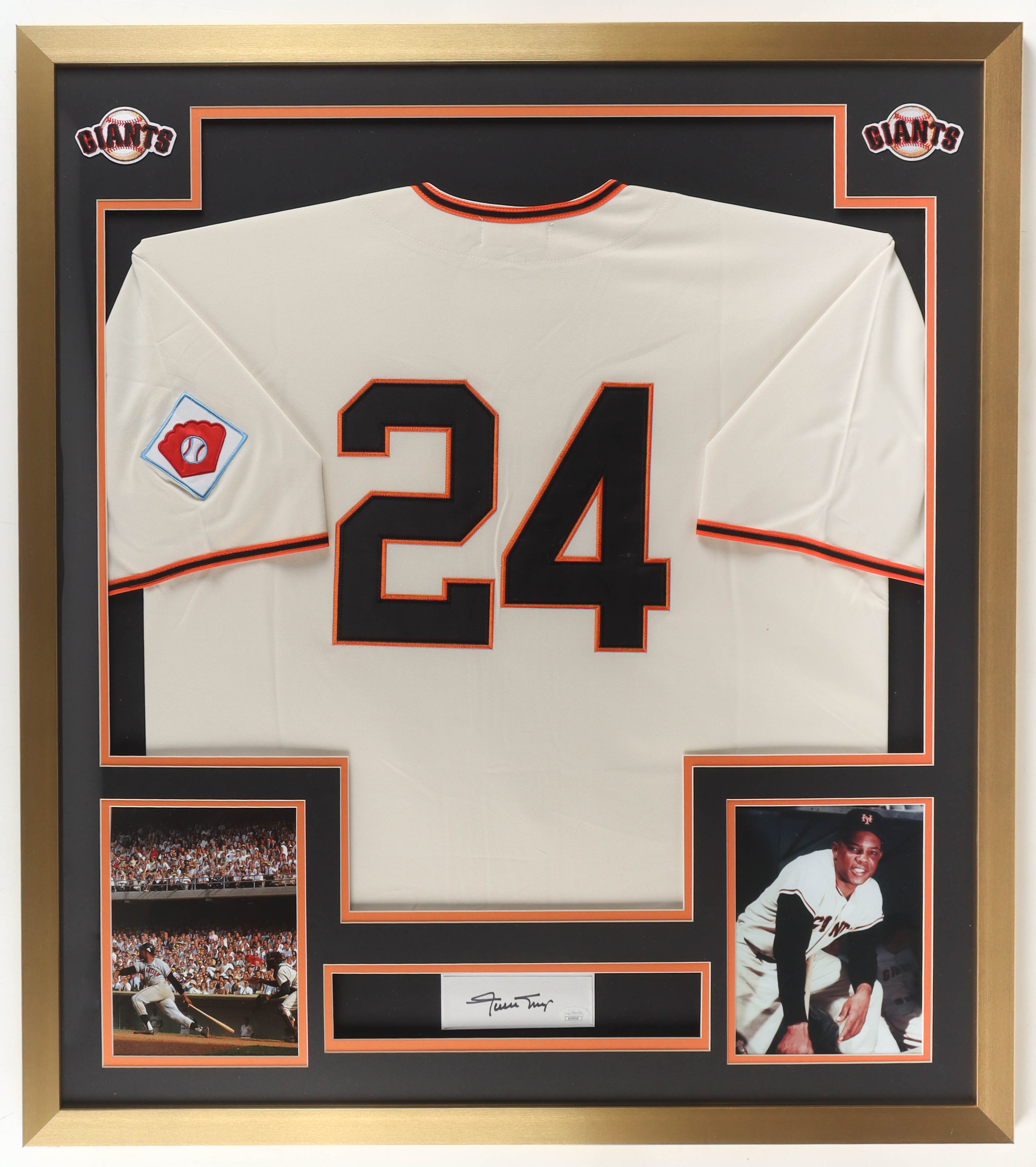 Willie Mays Signed Custom Framed Cut Display with Jersey & (2) Cloth Team Logo Patches (JSA) at PristineAuction.com Willie Mays Signed Custom Framed Cut Display with Jersey & (2) Cloth Team Logo Patches (JSA) at PristineAuction.com