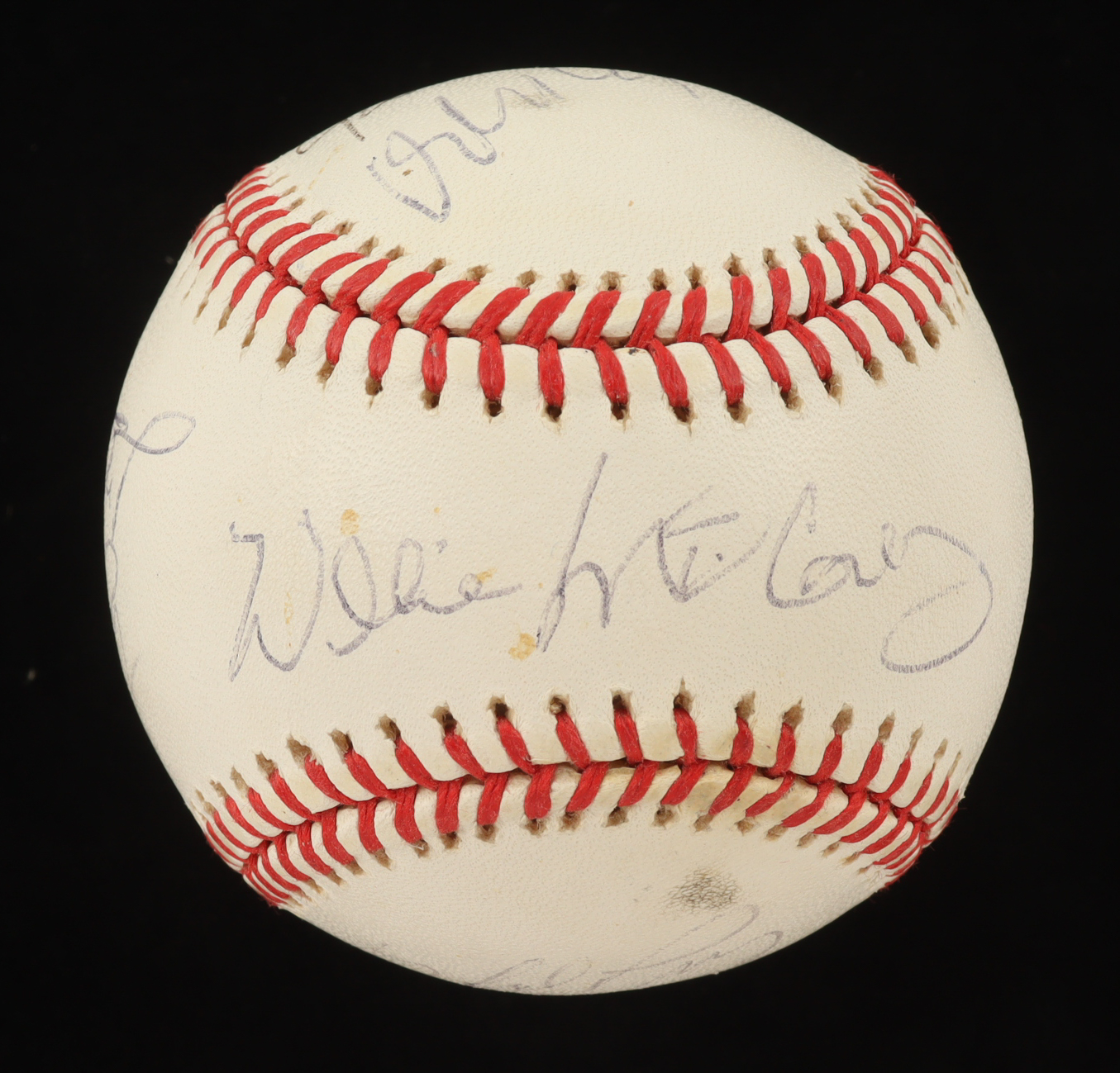 OML Signature HOF Logo Baseball Signed by (5) with Willie Mays, Orlando Cepeda, Juan Marichal, Willie McCovey (PSA) at PristineAuction.com OML Signature HOF Logo Baseball Signed by (5) with Willie Mays, Orlando Cepeda, Juan Marichal, Willie McCovey (PSA) at PristineAuction.com