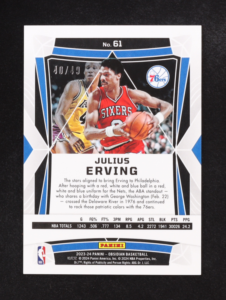 Julius Erving 2023-24 Panini Obsidian Purple #61 #40/49 at PristineAuction.com Julius Erving 2023-24 Panini Obsidian Purple #61 #40/49 at PristineAuction.com