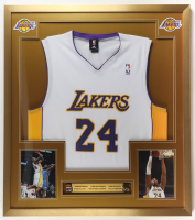 Kobe Bryant Custom Framed Adidas Authentic Jersey Display with (2) NBA Finals Pins & (2) Cloth Team Logo Patches at PristineAuction.com