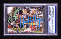 Hulk Hogan & Ted DiBiase Sr. Dual-Signed 2001 Fleer WWF WrestleMania Megabucks vs. Megamaniacs #90 (PSA) at PristineAuction.com