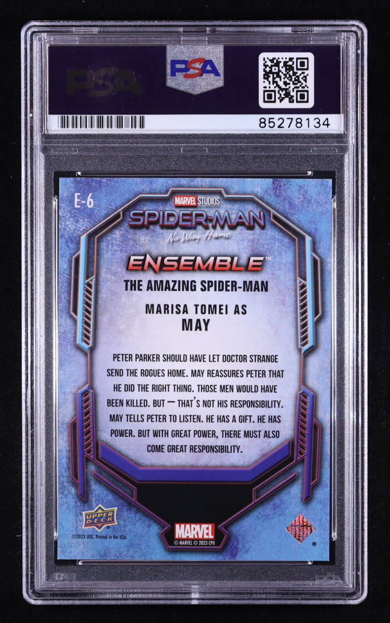 Marisa Tomei Signed 2023 Upper Deck Spider-Man No Way Home Ensemble Aunt May #E6 (PSA) at PristineAuction.com Marisa Tomei Signed 2023 Upper Deck Spider-Man No Way Home Ensemble Aunt May #E6 (PSA) at PristineAuction.com