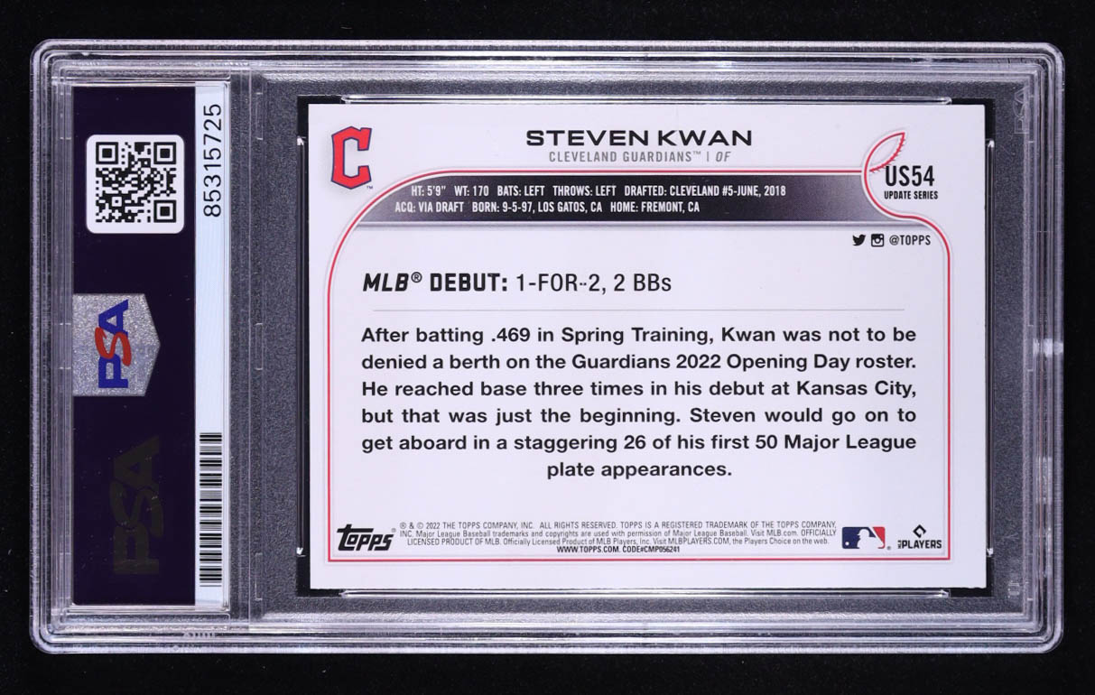 Steven Kwan Signed 2022 Topps Update #US54 RC (PSA) at PristineAuction.com Steven Kwan Signed 2022 Topps Update #US54 RC (PSA) at PristineAuction.com