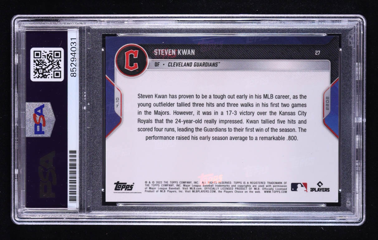 Steven Kwan Signed 2022 Topps Now #27 RC (PSA) at PristineAuction.com Steven Kwan Signed 2022 Topps Now #27 RC (PSA) at PristineAuction.com