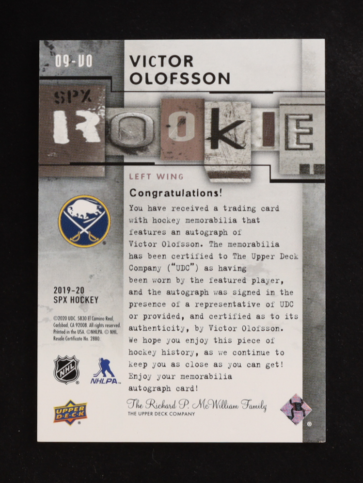 Victor Olofsson 2019-20 Upper Deck SPX Rookie Autograph Jersey #09-V0 RC #33/99 at PristineAuction.com Victor Olofsson 2019-20 Upper Deck SPX Rookie Autograph Jersey #09-V0 RC #33/99 at PristineAuction.com