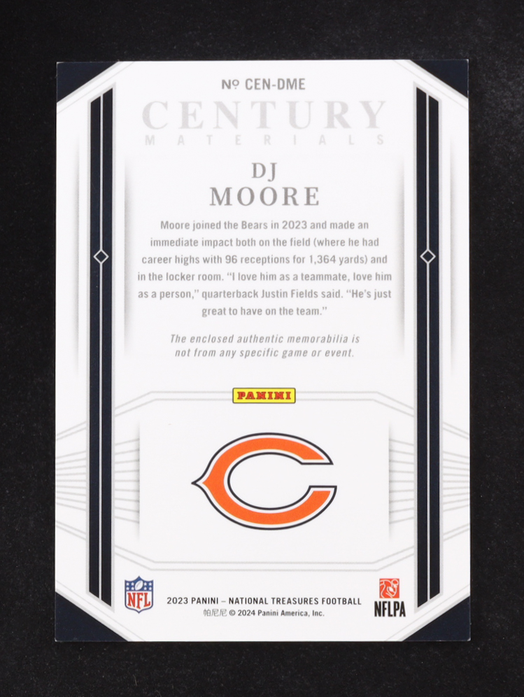 DJ Moore 2023 Panini Century Materials National Treasures #CEN-DME #19/99 at PristineAuction.com DJ Moore 2023 Panini Century Materials National Treasures #CEN-DME #19/99 at PristineAuction.com