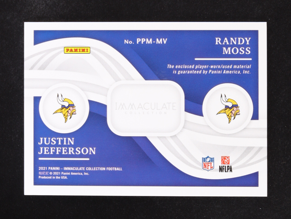 Justin Jefferson/Randy Moss 2021 Panini Immaculate Collection Past And Present #PPM-MV #45/49 at PristineAuction.com Justin Jefferson/Randy Moss 2021 Panini Immaculate Collection Past And Present #PPM-MV #45/49 at PristineAuction.com