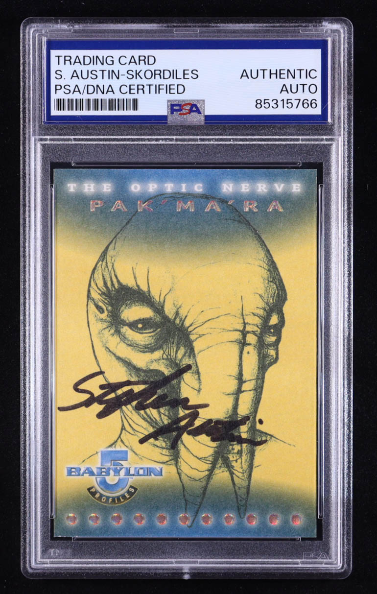 Stephen Austin-Skordiles Signed Pak'ma'ra 1999 SkyBox Babylon 5 Profiles Optic Nerve #ON5 (PSA) at PristineAuction.com Stephen Austin-Skordiles Signed Pak'ma'ra 1999 SkyBox Babylon 5 Profiles Optic Nerve #ON5 (PSA) at PristineAuction.com