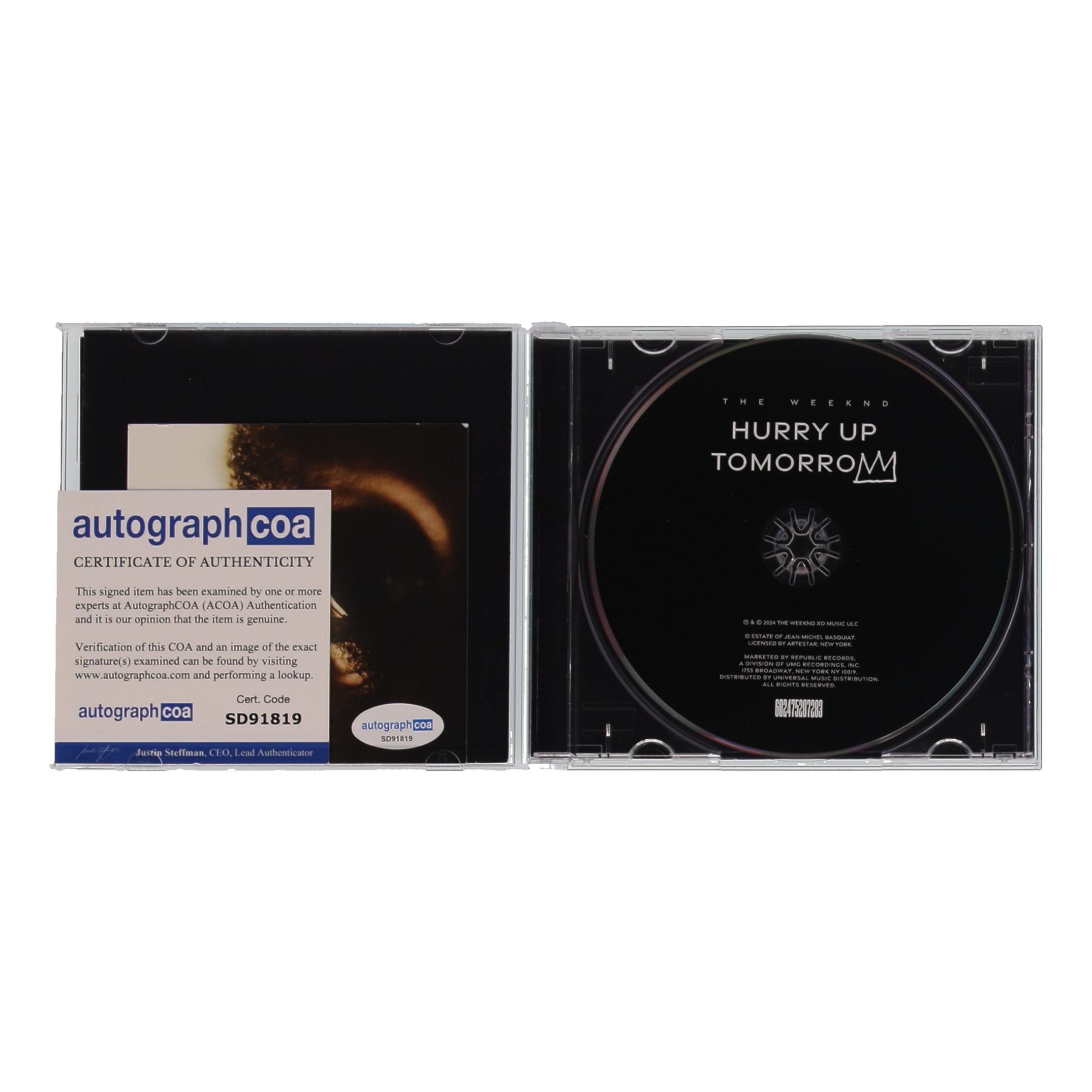 The Weeknd Signed "Hurry Up Tomorrow" CD Album Insert With Disc (ACOA) at PristineAuction.com The Weeknd Signed "Hurry Up Tomorrow" CD Album Insert With Disc (ACOA) at PristineAuction.com