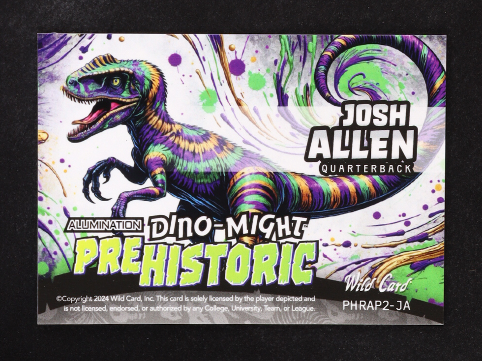 Josh Allen 2024 Wild Card Alumination Dino-Might Pre-Historic Raptor Green Purple Foil #PHRAP2JA #7/10 at PristineAuction.com Josh Allen 2024 Wild Card Alumination Dino-Might Pre-Historic Raptor Green Purple Foil #PHRAP2JA #7/10 at PristineAuction.com