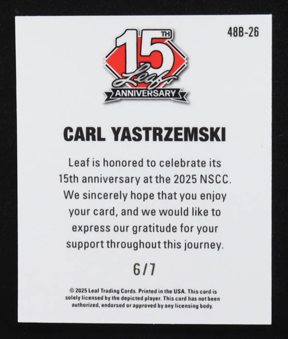 Carl Yastrzemski 2025 Leaf 15th Anniversary Purple Lazer Holo #48B26 #6/7 at PristineAuction.com Carl Yastrzemski 2025 Leaf 15th Anniversary Purple Lazer Holo #48B26 #6/7 at PristineAuction.com