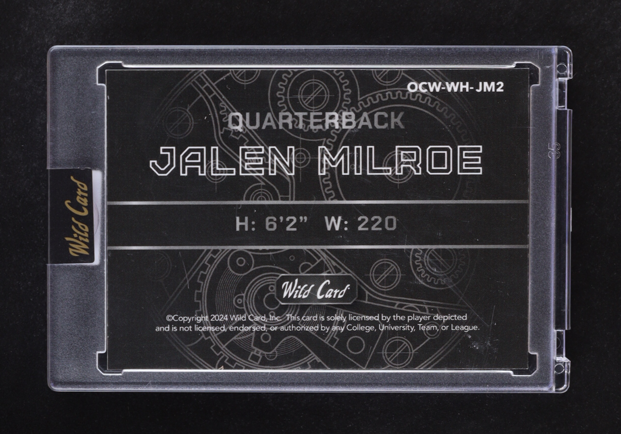 Jalen Milroe 2024 Wild Card QB 1 On The Clock #OCW-WH-JM2 RC #15/20 at PristineAuction.com Jalen Milroe 2024 Wild Card QB 1 On The Clock #OCW-WH-JM2 RC #15/20 at PristineAuction.com
