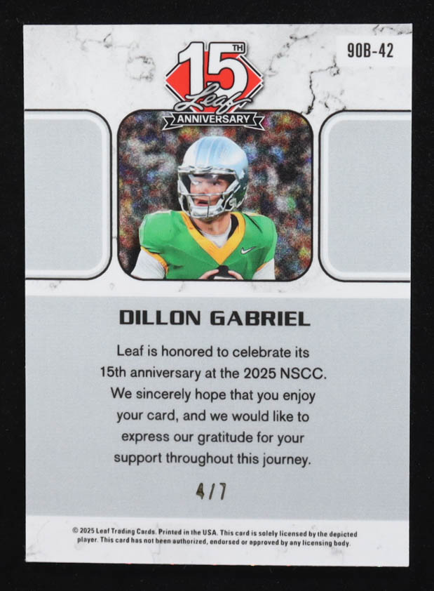 Dillon Gabriel 2025 Leaf 15th Anniversary Purple Sparkle Holo #90B42 #4/7 at PristineAuction.com Dillon Gabriel 2025 Leaf 15th Anniversary Purple Sparkle Holo #90B42 #4/7 at PristineAuction.com